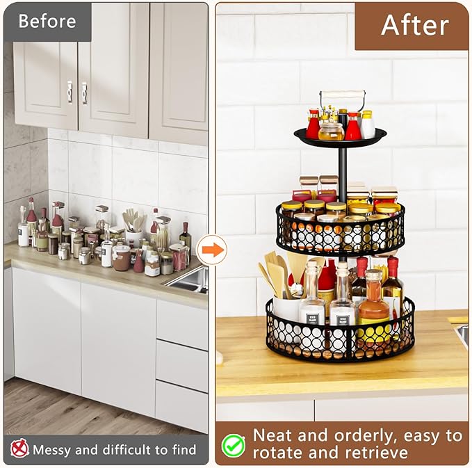 Heavy-Duty 3 Tier Lazy Susan Organizer, Upgraded DIY 4-in-1 Design Detachable Metal Rotating Spice Rack, Spice Organization for Kitchen Cabinet Countertop