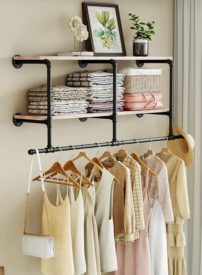 MAIKAILUN Industrial Pipe Clothes Rack with Wood Shelf, 52" Long Wall Mounted Clothing Rack with Hanging Rod for Laundry Room, Heavy Duty Pipe Shelves, Closet Storage, Retail Boutique Display