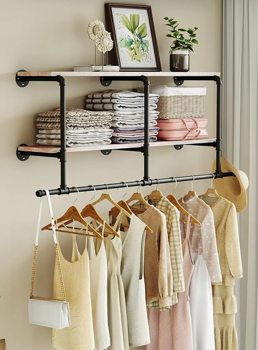 MAIKAILUN Industrial Pipe Clothes Rack with Wood Shelf, 52" Long Wall Mounted Clothing Rack with Hanging Rod for Laundry Room, Heavy Duty Pipe Shelves, Closet Storage, Retail Boutique Display