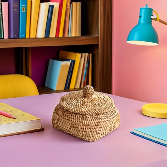 STOBAZA Small Round Remote Control Storage Box Woven Rattan Basket with Lid 3.15X4.33X3.15 Inches Compact Desktop Organizer for Living Room Coffee Table Sundries