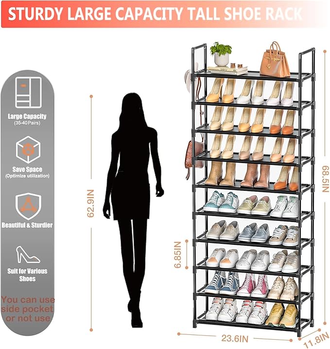 Tall Shoe Rack - 10 Tier Shoe Organizer with Metal Shelf, 5 Hooks, Pocket & Sturdy Stand for Closet Shoes