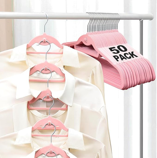 Velvet Felt Stackable Hangers 50 Pack, Non Slip, with 360°Swivel Hook, Ultra Thin and Space Saving for Suits, Shirts, Coats, 15Lbs Capacity Heavy Duty, Pink