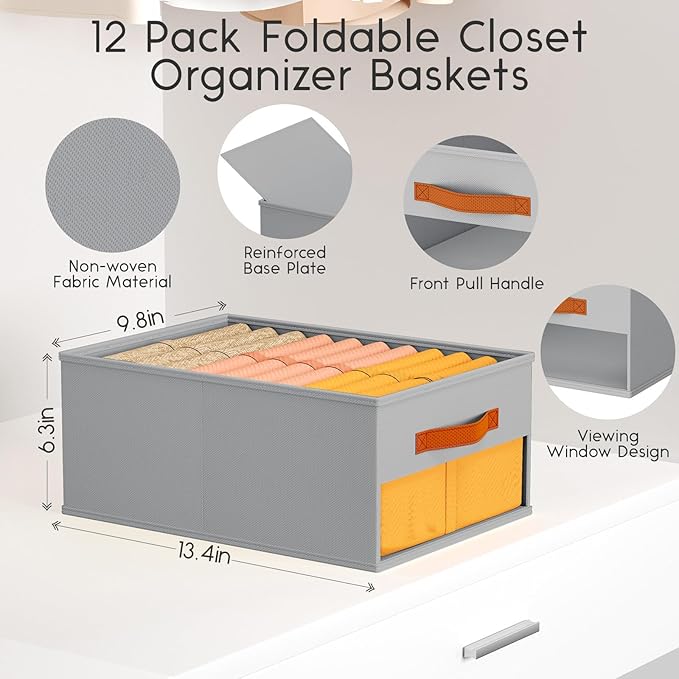 Drawer Organizers and Storage - 12 Pack Foldable Pants Organizer with Clear Window & Handles, Fabric Closet Organizer for Clothes, Jeans, Sweaters, Towels, T-shirt, Scarf (Grey)