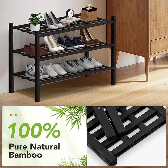Haddockway 3 Tier Bamboo Shoe Rack Storage Organizer, Multifunctional Free Standing Stackable Shoe Shelf with Grid Panel for Closet,Hallway,Entryway,Small Space 27"x11"x20"