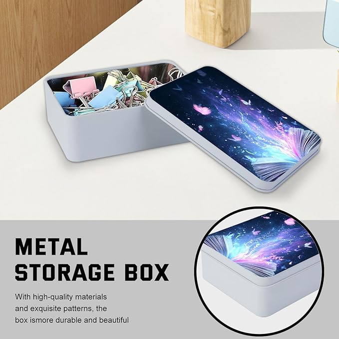 Metal Tin Box with Lid,Multi-functional Storage Large Box Can Store Tea Biscuits Game Cards, Playing & Tarot Cards-Comes with 4 Magnetic Cord Clips,Magical Book with Butterflies