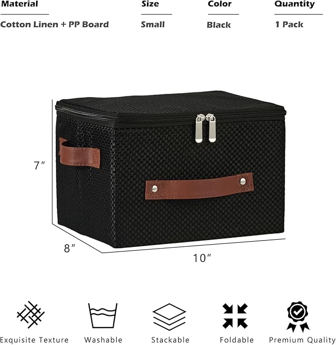 Storage Bins with Lid Fabric Storage Box Basket PU Leather Handle Textured Woven Cotton Linen Decorative Foldable Washable Shelf Closet Organizer Container (Zipper Lid, Black, Small)
