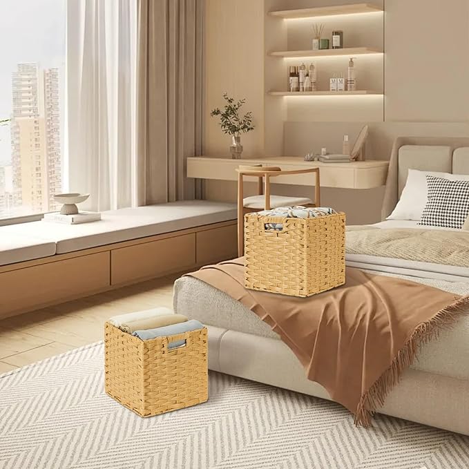 DULLEMELO Wicker Storage Baskets with Handles, Foldable Storage Cubes Set of 2 Plastic Wicker Baskets for Organizing Shelves,11 Inch Cube Baskets, Natural