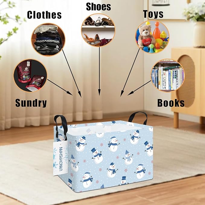 LANGYASHAN Rectangular Christmas Snowman Storage Basket with Handles for Organizing Home Kitchen Boys and Girls Toys Office Closet Shelf Baskets (Rec Christmas Snowman)