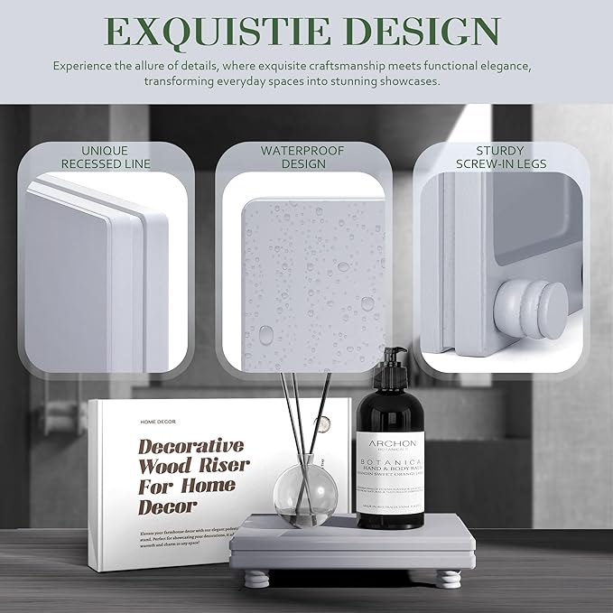 EOSAHR Wooden Tray Pedestal Stand for Home and Kitchen Decor â Decorative Tray for Soap Holder & Bathroom Essentials â Multi-Functional Bathroom Counter Organizer (Grey)