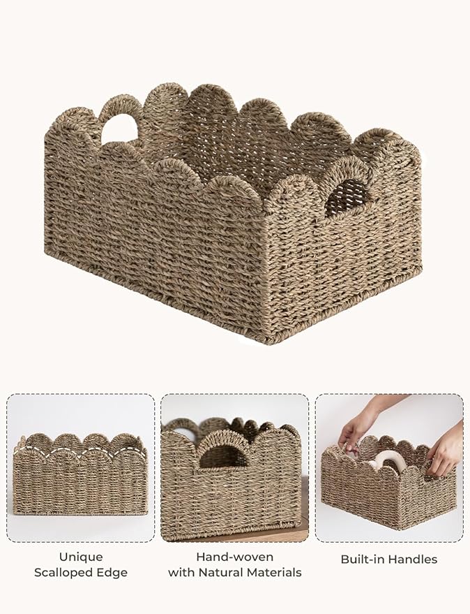 StorageWorks Scalloped Wicker Basket, Woven Baskets for Storage, Rattan Baskets with Handles, Paper Rope Basket for Organizing and Decor, 2 Pack