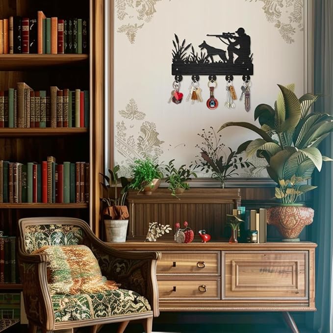 MAYJOYDIY Hunter Hunting Hound Coat Rack Wall Mounted Wood Man Dog Animal Reed Key Hooks for Wall 11.8×7.9inch Black Key Holder Hanger Wall Art Decor 5 Alloy Hooks for Gift Hallway Entryway Kitchen