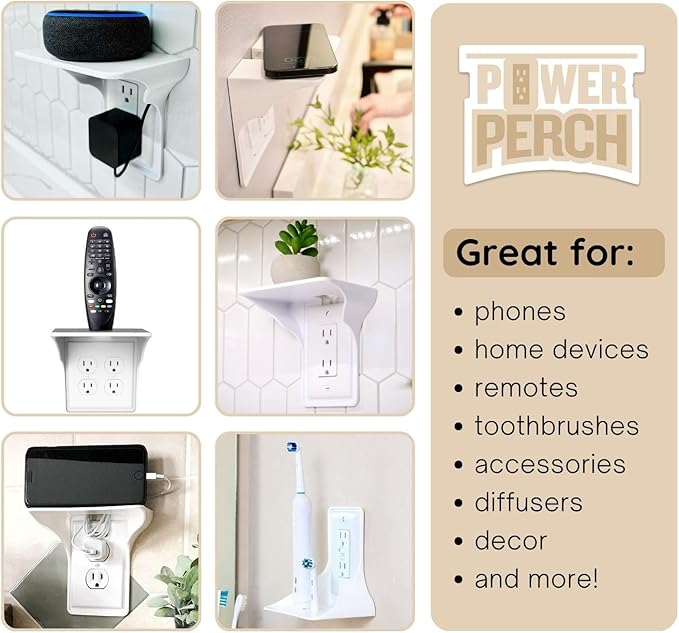 Power Perch Horizontal Wall Outlet Shelf with Cord Storage Strap - Declutter & Reclaim Bathroom Counter Space - Alexa Stand, Apple Homepod Shelf, Toothbrush Holders Wall Mounted - White, 2-Pack