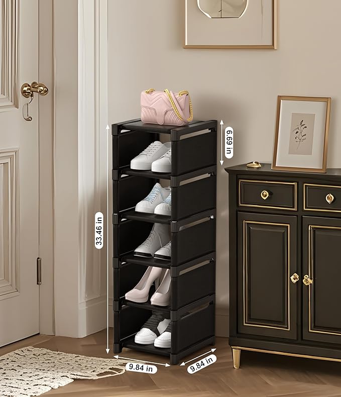 6-Tier Narrow Shoe Rack, Vertical Small Space Shoe Organizer, 9.84" Compact Slim Shoe Shelf for Closet & Entryway, Sturdy & Tool-Free Assembly, Adjustable Height for Boots