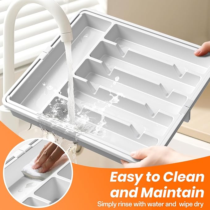 Large Silverware Organizer,Expandable Utensil Drawer Organizer,BPA Free Utensil Holder,Adjustable Silverware Tray Cutlery Drawer Organizer for Kitchen Flatware,Large,White,2 Pack