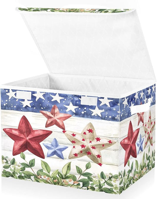 senya July Fourth Baskets Collapsible Storage Bins with Lids, American Flag Stars Storage Boxes Clothes Baskets for Organizing, B06D22020