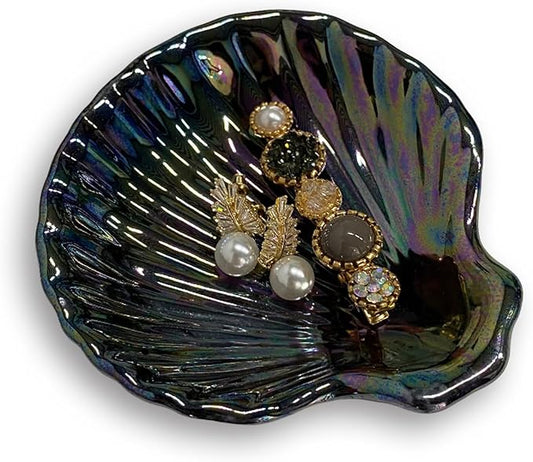 Shell Jewelry Dish Tray, Ceramic Trinket Tray Clamshell Jewelry Organizer Dish, Ring Holder Dish Room Decor, Mother's Day Valentine's Friendship Christmas Birthday Gifts for Women (Multicolor Black)