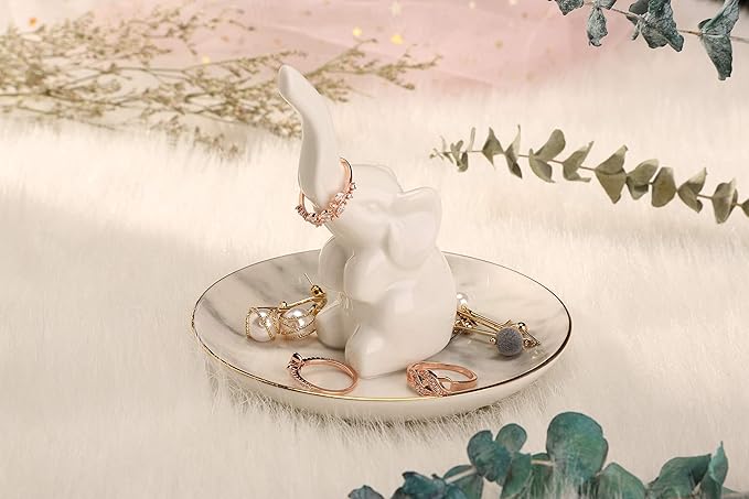 HOME SMILE White Elephant Ring Holder with Marble Pattern Dish,Elephant Gifts for Women Chritsmas