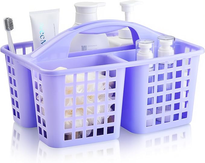 ALINK Plastic Shower Caddy Basket with Compartments, Portable Divided Cleaning Supply Storage Organizer with Handle for College Dorm Bathroom - Purple