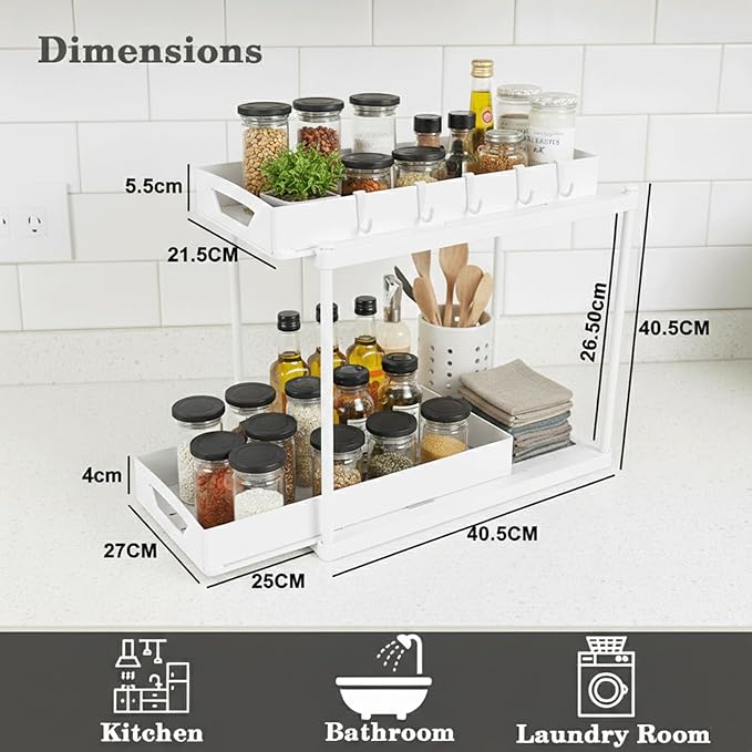 2 Pack Under Sink Organizer, Pull Out Cabinet Storage Organizers for Bathroom & Kitchen, Multi Purpose Under Counter Shelf Rack, Slide out Under the Sink Storage, Cabinet Organizer (White)