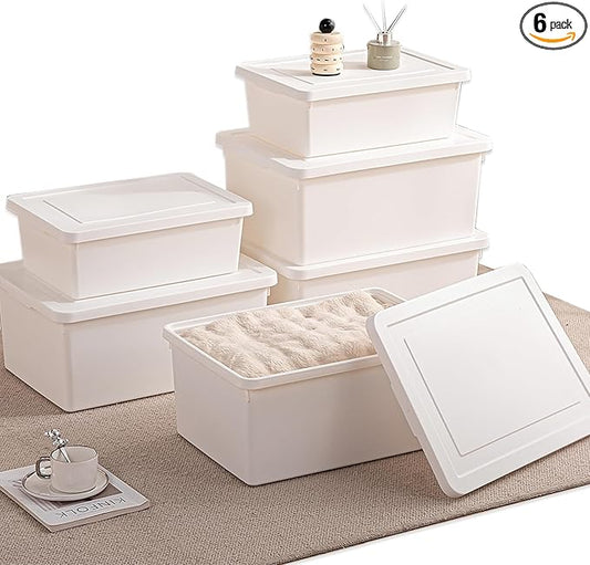 （4XXL+2L） 6gal+3gal Large capacity White multifunction storage bin with lid, Set of 6 Stackable Plastic Boxes with Handles, Office，Garage ，Home, for Organizing Snacks, Crafts, Legos, Tools,books
