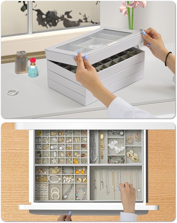 Large Jewelry Organizers and Storage Box, 4 Layers Stackable Jewelry Organizer Trays Clear Lid Cover for Drawers, Jewelry Boxes for Women, Stacker Jewelry Display Case