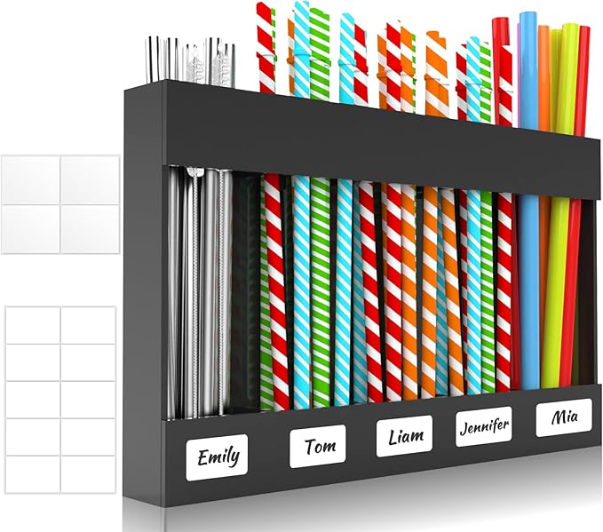 9.5” Large Acrylic Straw Holder for Cabinet Door with Ultra Sticky Adhesive Squares and Stickers, 2026 Reusable Straws Organizer Storage Dispenser for Kitchen Counter Cupboard