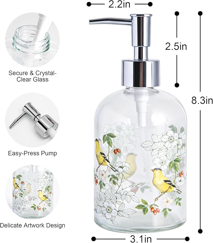 17oz Glass Soap and Lotion Dispenser Bottle with Rust Proof Plastic Pump Refillable Liquid Pump Bottle Great for Kitchen, Bath, Bathroom Accessories, Countertop, Set of 2