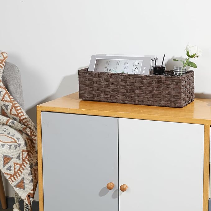 Bidtakay Narrow Hand-woven Wicker Storage Bins Small baskets for Organizing 2-Pack Waterproof Imitation Wicker Baskets for Storage Long Storage Basket for Shelf Washroom Basket Reddish Brown