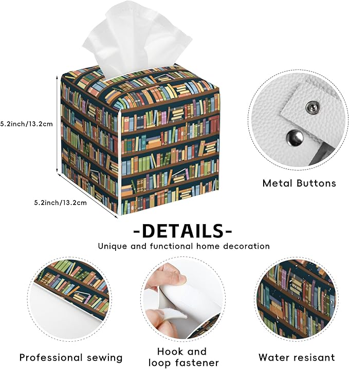 Bookshelves Tissue Box Cover Square,Tissue Box Holder with Belt Bottom,Stylish Leather Napkin Holder for Vanity Countertop,Nightstands,Office Desk,5.2"Ã5.2"Ã5.2"