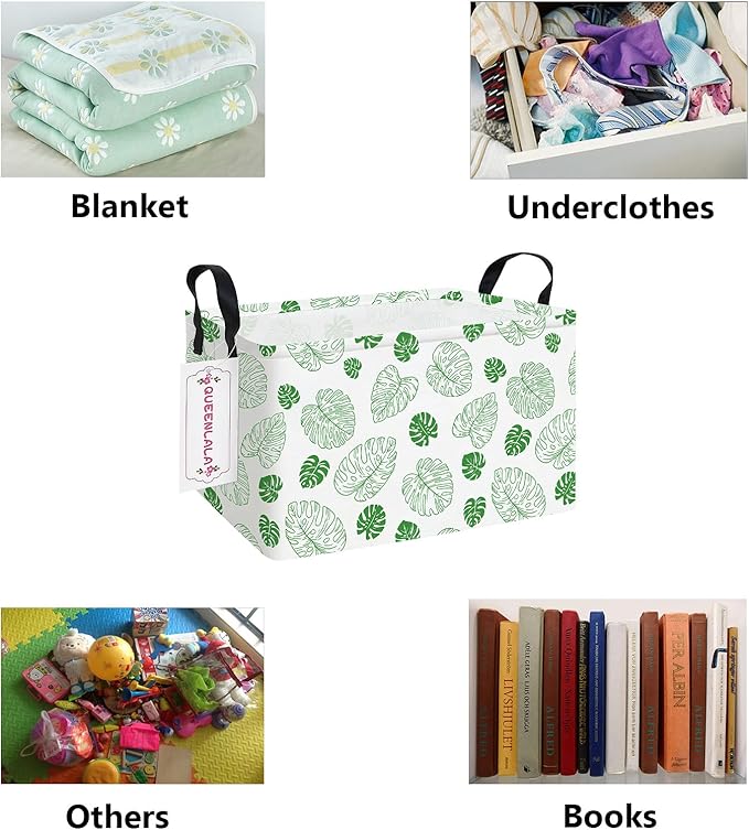 QUEENLALA Rectangular Laundry Hamper/Foldable Nursery Laundry Basket for Organizing/Storage Bin Baskets/Children Toy Office Bedroom/Toy Bin Closet Shelf Baskets (Rec-Green Leaf)