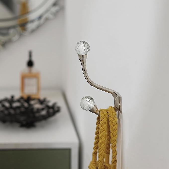 Indian Shelf Pack of 6 Heavy Duty Double Prong Crystal Decorative Coat Hooks Unique Clear Coat Rack Wall Mount Glass Wall Hooks for Hanging Towel Holder Backpack Purse Hanger- Style 21