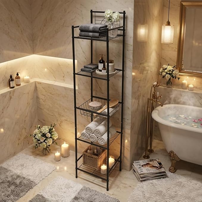 Bath Bliss 5 Tier Freestanding Bathroom Storage Shelf, Black Metal Organizer Rack | Rust Resistant Space Saving Bathroom Stand | Toilet Paper Towel Holder | Bathroom Organizer for Small Spaces