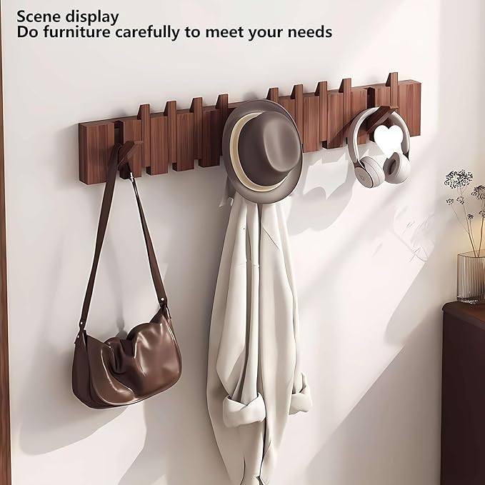 Wall Mounted Coat Rack Hooks Piano Key Hangers Natural Solid Wood Hanger Non-Woven Fabric Clothes Hangers for Closet, Kitchen, Bedroom, Bathroom, Entryway (Walnut Paint, 8 Hooks)