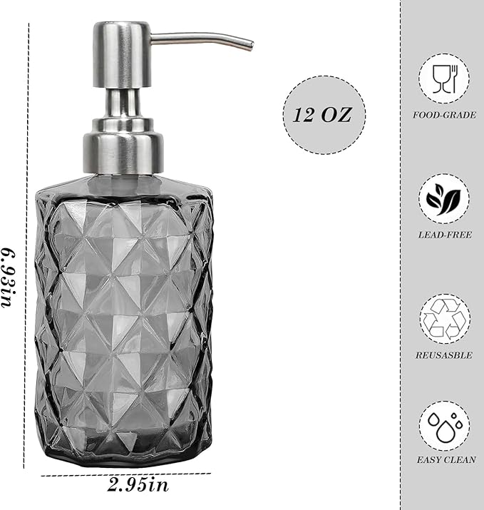 12Oz Gray Glass Soap Dispenser with Stainless Steel Pump, Refillable Kitchen Liquid Hand Soap Dispenser with Diamond Design, for Dispense Hand soap, Dish Soap, Lotion, Bathroom, Countertop, Hotel