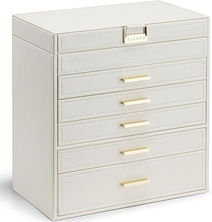 Vlando 6 Layer Large Jewelry Box - Jewelry Holder Organizer, Jewelry Box Organizer for Drawer Necklace Ring Bracelet and Watch, Birthday Gift for Loved Ones - Beige
