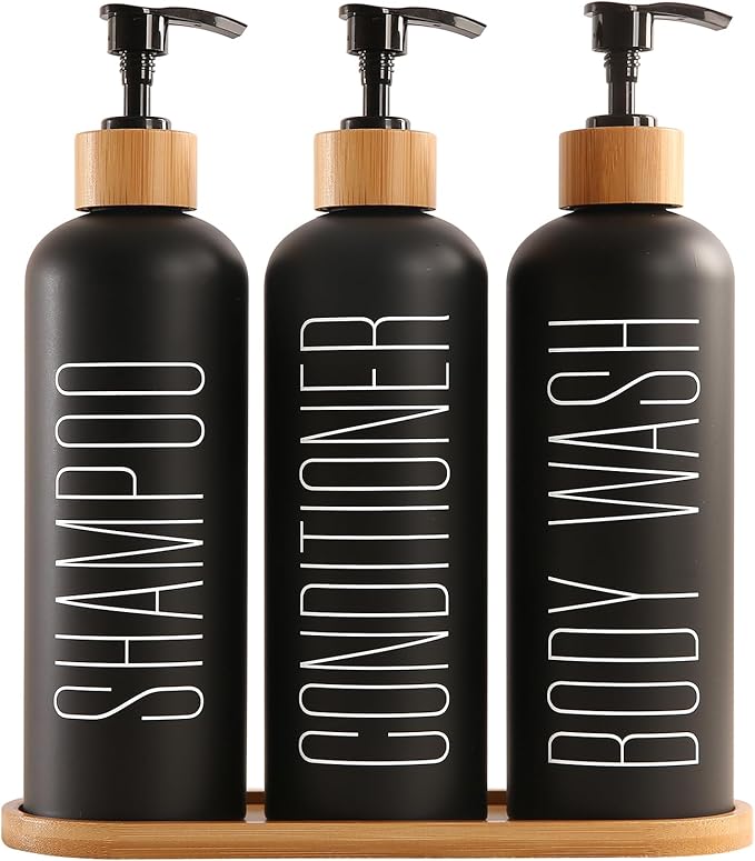 Shampoo and Conditioner Dispenser with Bamboo Pumps & Tray, Perfect for Bathroom Essentials for New Home (Black)