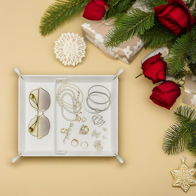 UnionBasic Medium Valet Tray, Jewelry Tray for Rings Watches Earrings, Entryway Catchall Caddy for Coins Keys Change, Nightstand Bedside Valet Holder, Trays for Electronic Gadgets, White Plus