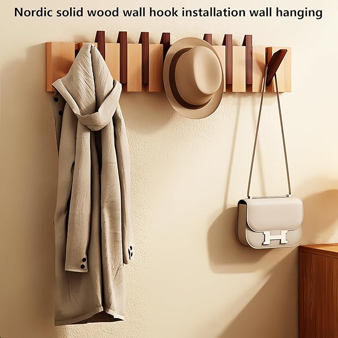 Wall Mounted Coat RackHooks Piano Key Hangers Natural Solid Wood Hanger Non-Woven Fabric Clothes Hangers for Closet, Kitchen, Bedroom, Bathroom, Entryway (Walnut-Beech, 10 Hooks)