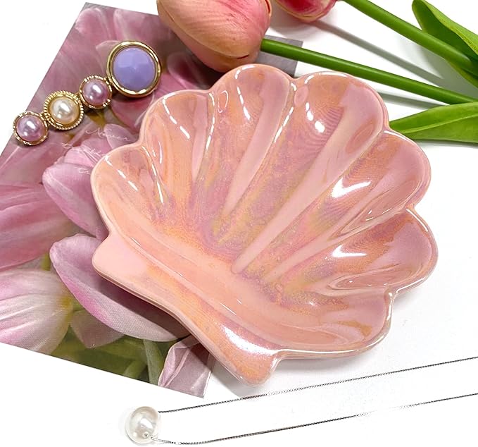 Sea Shell Jewelry Dish, Ceramic Seashell Jewelry Holder, Cute Organizer Plate Vanity Decorations Accessories for Home Bathroom Decor Birthday Mother's Day Christmas Gift for Women