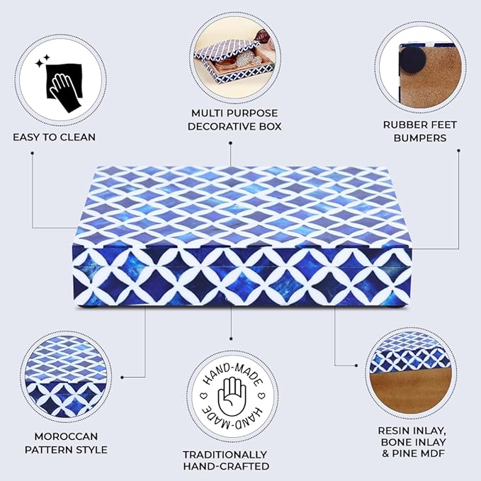 Handicrafts Home Decorative Storage Box with Lid- 6x8x1.5” Small Keepsake, Trinket Box, Memory Box- Decorative Boxes for Home Decor, Centre Table, Giftable Storage Accent- Blue White Star
