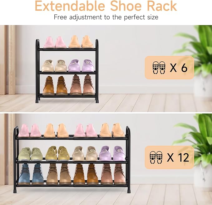 Expandable Shoe Rack, 16“-30” Adjustable Shoe Rack for Closet, Front Door Entrance, Entryway, Dorm, Small Space, Metal Shoe Organizer, Black 3 Tier
