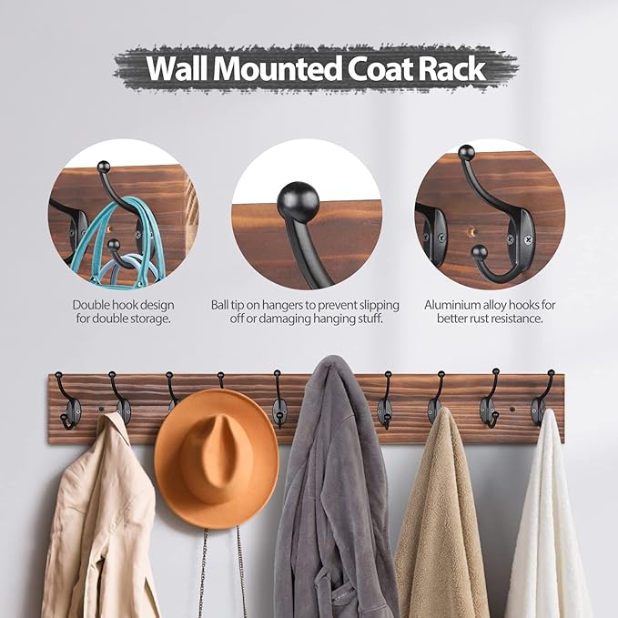 Coat Rack Wall Mounted,Vintage Wooden Coat Hooks for Wall,Heavy Duty 10 Dual Coat Hangers for Hanging Coats, Jacket,Hat,Clothes,Brown