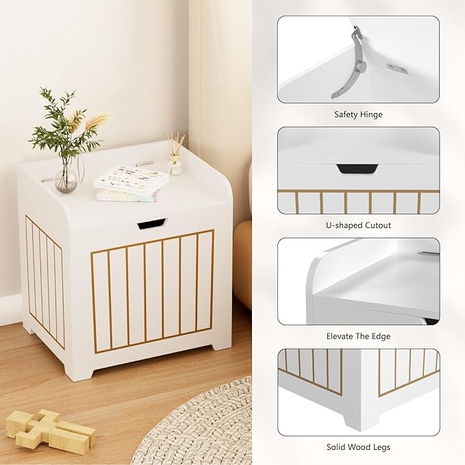White Wooden Storage Chest Box, Small Cube Storage Organizer with Door, Modern Entryway Storage Bin for Home Books, Clothes, Plants, Square Side Table for Living Room or Bedroom