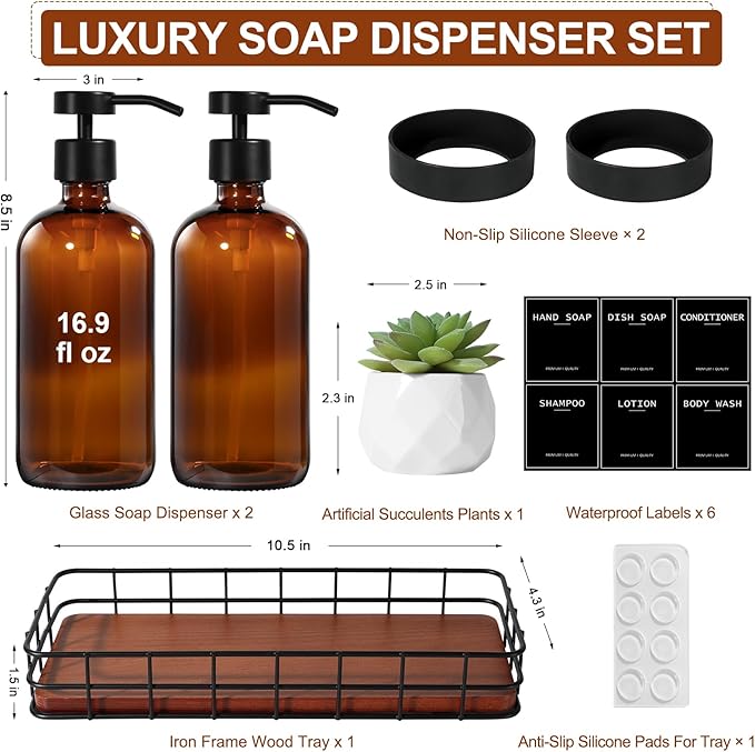 Kitchen Soap Dispenser Set with Tray, Amber Glass Soap Dispensers with Iron Basket, Decorative Hand and Dish Soap Dispenser Set, Soap and Lotion Dispensers for Kitchen and Bathroom Storage Organizer