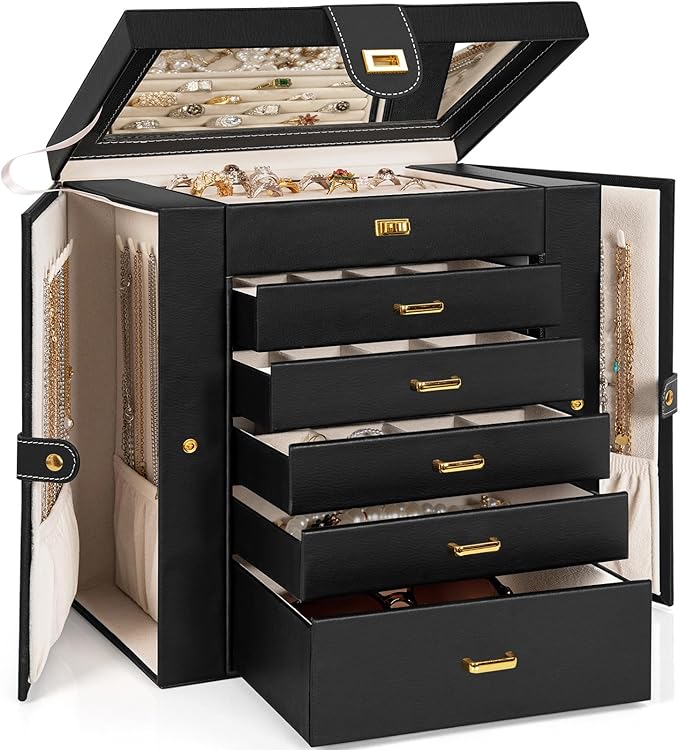 AKOZLIN Huge Jewelry Box Organizer Functional Extra Large Leather Jewelry Storage Case for Women Girls Ring Necklace Earring Bracelet Holder Organizer with Mirror Black