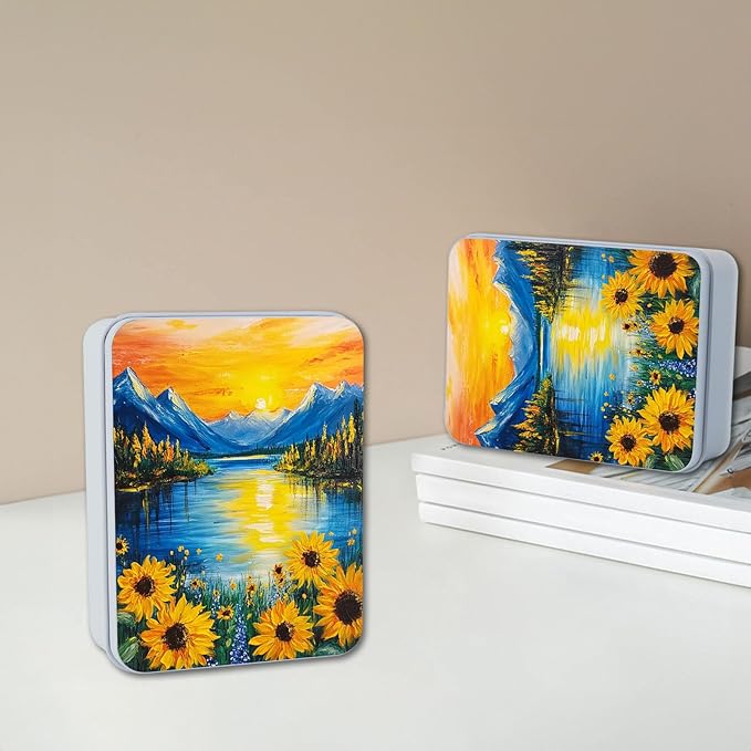 Metal Tin Box with Lid,Multi-functional Storage Large Box Can Store Tea Biscuits Game Cards, Playing & Tarot Cards-Comes with 4 Magnetic Cord Clips,Sunset Mountain Lake