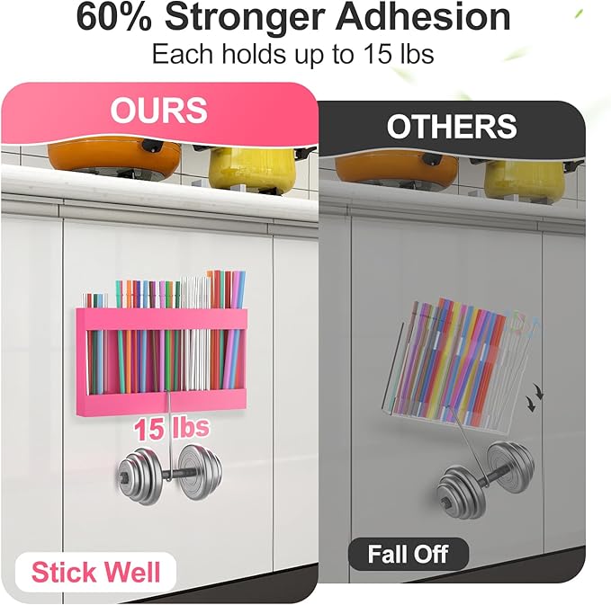 2 Pack 9.5” Large Acrylic Straw Holder for Cabinet Door with Detachable Ultra Sticky Adhesive Squares and Stickers, 2026 Reusable Straws Organizer Storage Dispenser for Kitchen Counter Cupboard