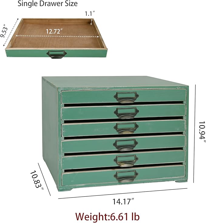 Vintage Wooden Storage Box Desktop Organizer Cabinet with 6 Drawers Rustic Farmhouse Distressed Decor Jewelry Cosmetics Craft Paper Small Tool Library Card Catalog Cabinet for Home Office Desk Green