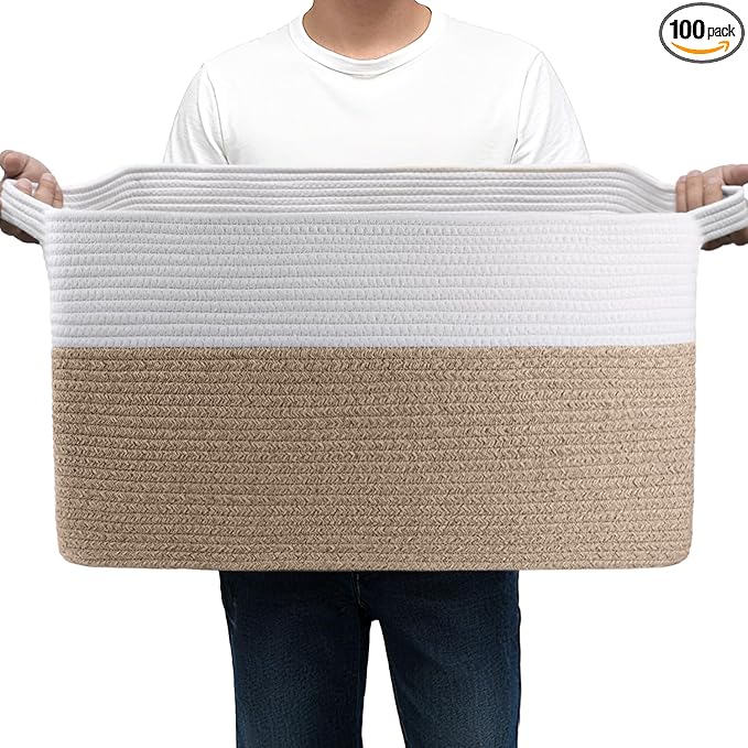 75L Large Cotton Rope Basket 22" x 17" x 12",Large Blanket Basket with Handle,woven baskets for storage,Storage Baskets for Organizing
