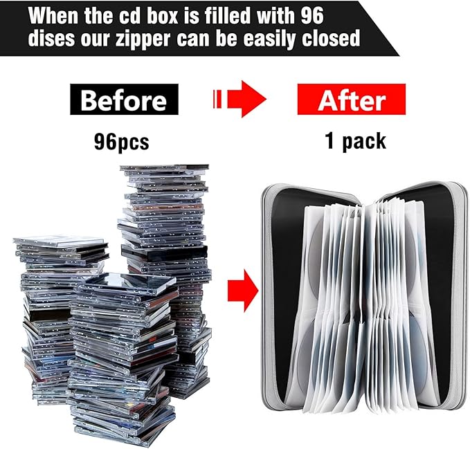 CD Case, DVD Case Holder 96 Capacity Hard Plastic CD DVD Disc Cases Storage Binder Wallet for Car Home Office Travel (Black)